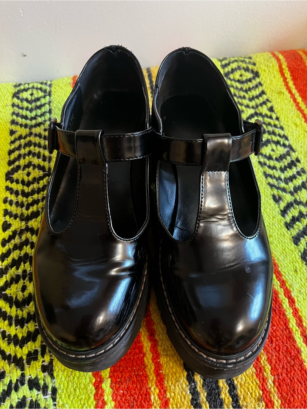 Madden Girl Black Patent Lug Sole T-Strap Mary Janes